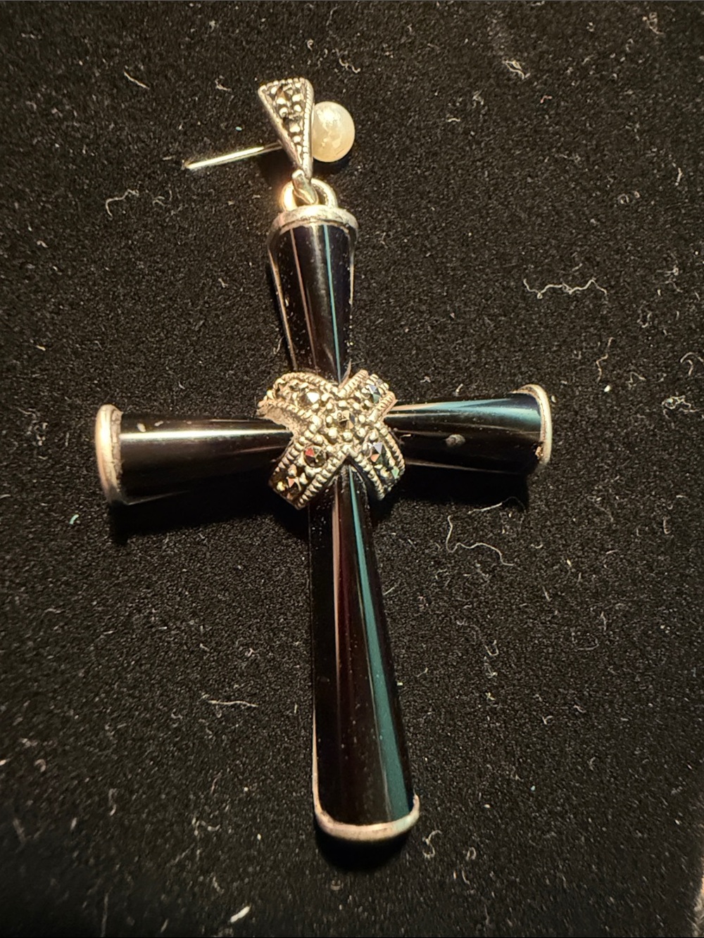 Pendant - Cross - Onyx with Marcasite and Sterling Silver - Thailand